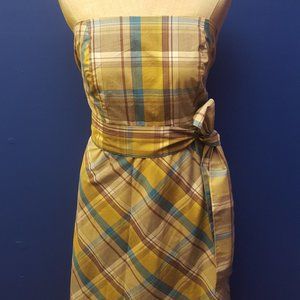 Summer Strapless Belted Plaid Dress